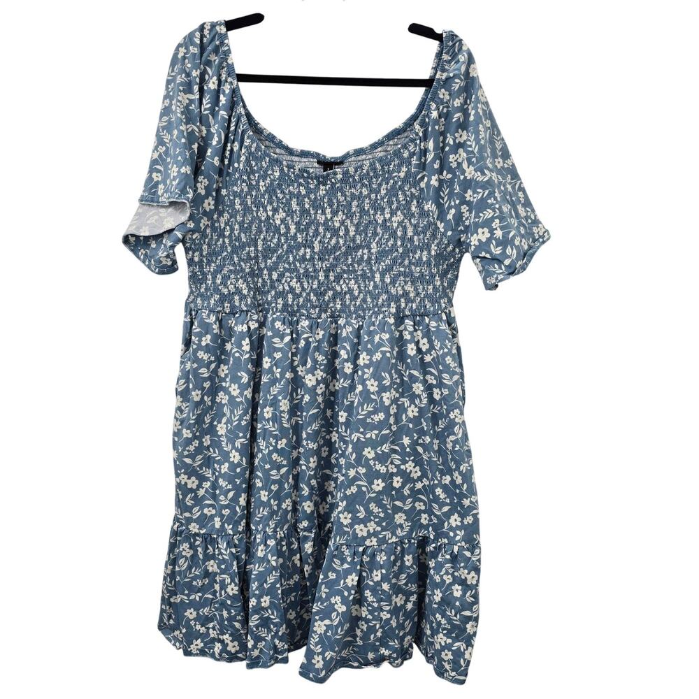 Torrid Dress 3X Blue Floral Smocked Puff Sleeve Fit Flare Sundress Summer Pocket